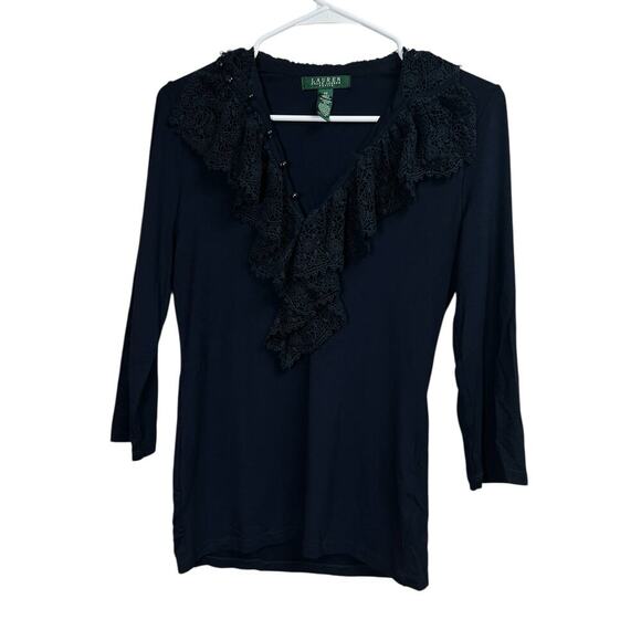 Lauren Ralph Lauren Navy Blue Crochet Ruffle Neck Blouse Petite Small - Picture 1 of 7